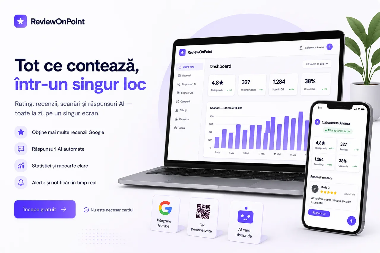 Dashboard ReviewOnPoint pe laptop și telefon cu rating, recenzii și scanări